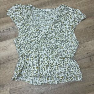 American Eagle Green And White Floral Smocked Top Peplum Ruffle Blouse